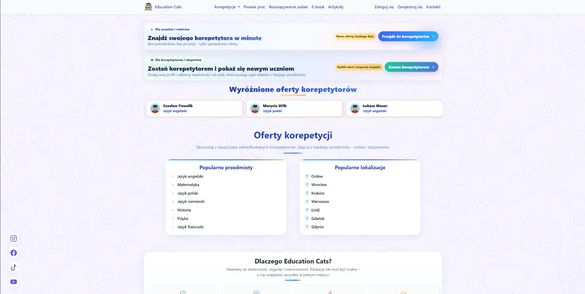 Rzeczywista strona główna EducationCats z przykładowymi profilami