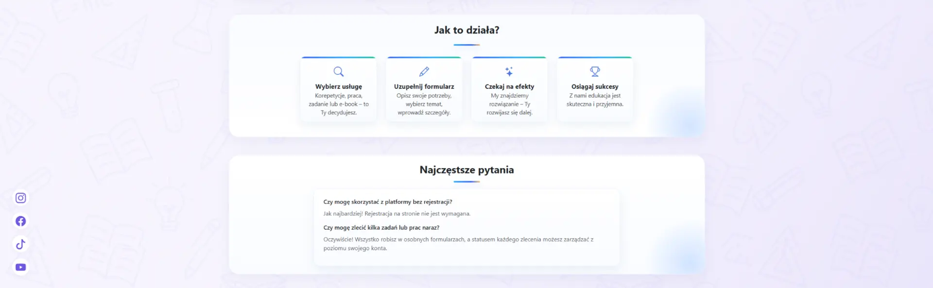 Sekcje Jak to działa i Najczęstsze pytania w EducationCats