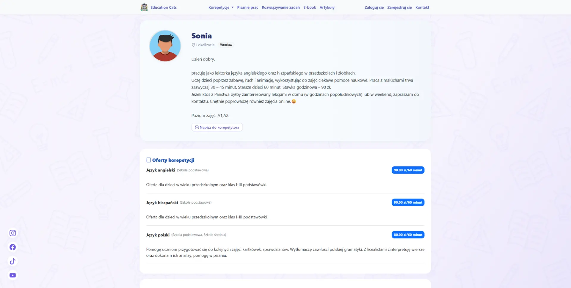 Profil przykładowej korepetytorki Sonia w EducationCats